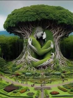 a couple hugging each other in the middle of a garden with trees growing on it