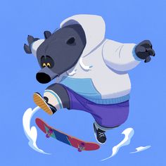 a cartoon bear riding a skateboard in the air