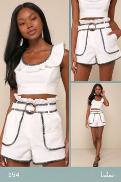 Your style is certain to get compliments in the Delightful Summer White and Black Embroidered Belted Shorts! Lightweight, linen-cotton blend fabric shapes these cute shorts that have a high waist (with ruffled trim) a hidden zip fly with top clasp closures, belt loops, and a wide belt with an O-ring detail at front. Oversized porkchop pockets accent the front, with decorative welt pockets at the back. Contrasting black embroidery accents the hems and edges, for a unique effect! Fit: This garment Chic White Cotton Shorts, Black Embroidery, Swimming Outfit, Summer White, Belted Shorts, Wide Belt, Cute Shorts, White Summer, Personal Marketing