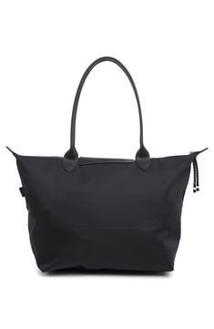 a black handbag with handles and straps on the front, it has a zippered closure