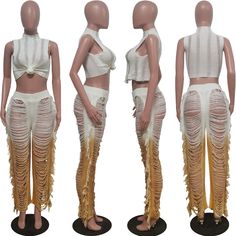 White Bottoms With Tassels For Spring, Casual White Bottoms With Fringe, Casual Cotton Pants With Fringe, Casual Fringe Pants For Summer, Casual Summer Pants With Fringe, Casual Spring Pants With Tassels, Spring Casual Pants With Tassels, Casual Spring Tassel Pants, Top And Wide Leg Pants