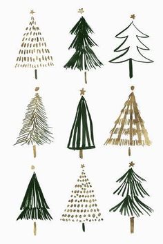 christmas trees are drawn in different colors and sizes