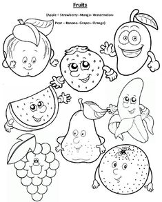 fruits and vegetables coloring pages for kids to print out, including apples, pears, grapes