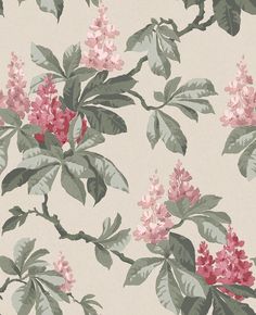 a floral wallpaper with pink flowers and green leaves