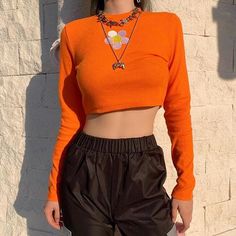 Flower Embroidery High Waist Long Sleeve Orange Top Look Grunge, Y2k Aesthetic Fashion, Egirl Outfits, Orange Fits, Orange Crop Top, Tight Sweater, Orange Outfit, Orange Aesthetic, Grunge Look