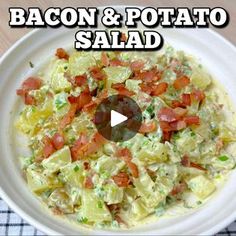 bacon and potato salad in a white bowl on a plaid tablecloth with the words bacon & potato salad