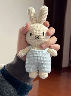 a person holding up a small crocheted stuffed animal in front of a wooden floor