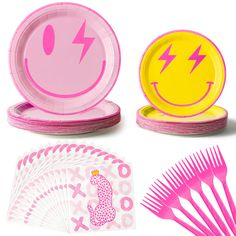 pink and yellow party supplies including plastic plates, forks, napkins, and more