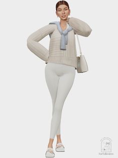 a woman in white pants and sweater with her hands on her hips