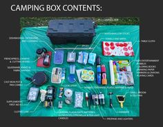 the contents of a camping box are displayed on a blanket with information about its contents