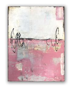 an abstract painting with black and white lines on pink, gray and white background that says love