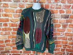 MEASURES -  27" pit to pit and 27" long TAGGED - XL Mind blowing 90s coogi australian textured knit sweater. Unbelievable texture designs in colors all over. This is lightly used with some minor signs of wear: has a minor stain or two that you won't even notice because of the busy design. Also the expected loose thread or two. Look at the pictures this one is unbelievable -My policy is NO RETURNS. If I made an error I will make it right 100% but I am not responsible if you change your mind/"item 90s Style Relaxed Fit Fall Sweater, Textured Knit Sweater, Knit Sweater, Textured Knit, Texture Design, True Vintage, Mind Blown, Sweater Outfits, Knitted Sweaters