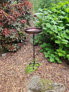 a bird bath sitting on top of a metal stand in the middle of a garden