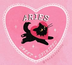 a pink heart with an image of a black cat on it's back and the words aris written in large letters