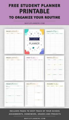 the free student planner printable to organize your routine is shown in purple and white