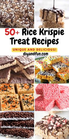 different kinds of rice krispie treats with text overlay that reads 50 + rice krispie treat recipes