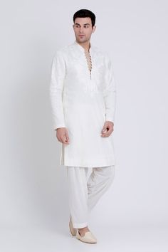 Ivory embroidered linen kurta featuring geometric pattern silk resham detailing. Paired with draped pant. - Aza Fashions White Linen Kurta With Resham Embroidery, Festive White Kurta With Geometric Embroidery, Festive Linen Kurta With Embroidered Border, Eid Linen Kurta With Embroidered Border, Drape Pants, Men Kurta, Embroidered Linen, Full Sleeves, Mandarin Collar