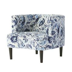 a blue and white chair with black legs