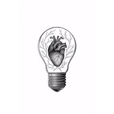 a drawing of a light bulb with a human heart in it's center and leaves inside