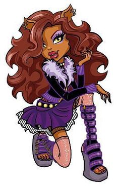 a drawing of a girl with long red hair and purple clothes, wearing high heeled boots