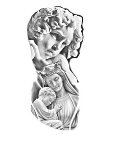 an image of the virgin mary and child jesus in black and white on a white background