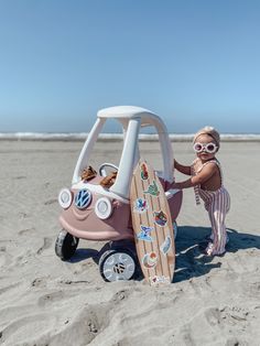 Cozy Coupe Makeover Girl, Groovy Birthday Photoshoot, Groovy One First Birthday Photoshoot, Little Tikes Makeover, Cozy Coupe Makeover, Surf Birthday Party, Surf Birthday, Baby Birthday Photoshoot