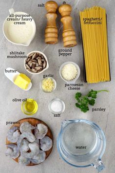 ingredients to make pasta laid out on a counter top with the names in english and italian