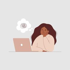 a woman sitting in front of a laptop with a thought bubble above her head