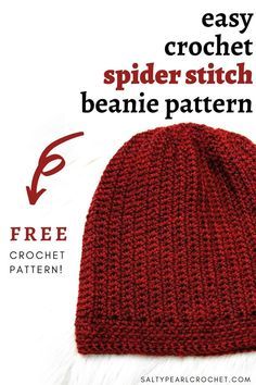 a crochet spider stitch beanie pattern is shown with the instructions to make it