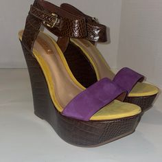 Never Used!!! Purple Platform Heels With Synthetic Material, Purple Synthetic Platform Heels, Purple Synthetic Heels With 4-inch Heel, Purple 4-inch Heel Synthetic Heels, Purple Leather Heels With 4-inch Heel, Purple Ankle Strap Heels In Synthetic Material, Purple Synthetic Ankle Strap Heels, Wedges Heels, Platform Wedge Heels