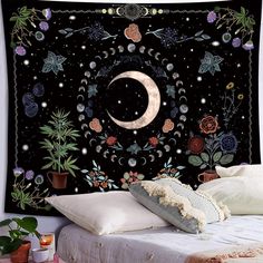 Moon Phase Tapestry Plant Flower Wall Hanging Aesthetic Tapestry-MoonChildWorld Witchy Tapestry Bedroom, Witch Apartment Aesthetic, Witchy Tapestries, Aesthetic Tapestry Bedroom, Witch Tapestry, Ethereal Room, Witchy Tapestry, Witch Bedroom, Moon Phase Tapestry