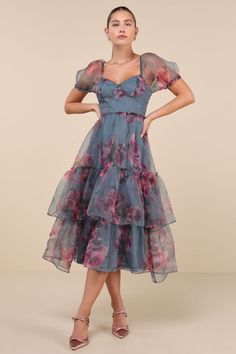 Ideally Lovely Slate Blue Floral Organza Lace-Up Midi Dress Fitted Organza Midi Dress For Formal Occasions, Formal Fitted Organza Midi Dress, Chic Organza Dress For Garden Party, Spring Fitted Organza Midi Dress, Fitted Organza Midi Dress For Spring, Blue Chiffon Midi Dress For Wedding, Summer Formal Organza Dress, Fitted Organza Midi Dress With Sweetheart Neckline, Party Organza Midi Dress With Floral Print