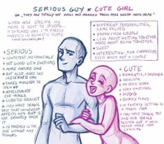 a drawing of two people hugging each other with the words serious guy and cute girl above them