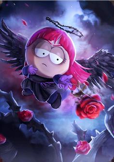 a cartoon character flying through the air with roses in front of her and an evil looking face