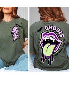 a woman wearing a green shirt that says ghouls on the front and back