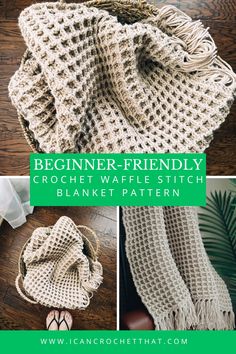 the beginner friendly crochet waffle stitch blanket pattern with text overlay