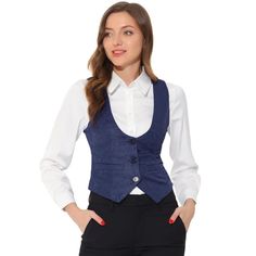 This vintage waistcoat is made of textured jacquard fabric to show your femininity and elegance at the same time. This vest features lightweight and comfortable fabric with 3 3-button plackets, a pointed hem, seam pockets, and an adjustable strap at the back. It can also be worn as an open-front waistcoat for a stylish, professional, and modern chic look. Pair with a blazer outerwear for an urban edge, or a vintage poet-type shirt for a renaissance steampunk style. Designed with sleeveless and t Womens Tailored Suit, Waistcoat Outfit, Blue Waistcoat, Vintage Waistcoat, Steampunk Jacket, Sleeveless Suit, Blue Vests, Vintage Vest, Types Of Jackets