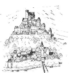 a drawing of a castle on top of a hill