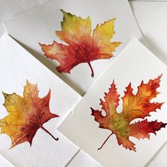 three watercolor paintings of autumn leaves on white paper