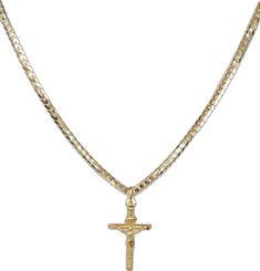 Gold Crucifix With Figaro Chain Jewelry, Yellow Gold Cross Jewelry With Figaro Chain, Gold Plated Crucifix Necklace, Gold Cross Pendant Necklace With Box Chain, Gold Cross Necklace With Box Chain, Gold Crucifix Necklace In 14k Gold, Gold Cross Necklace With Figaro Chain, Gold Plated Cross Chain Necklace, Gold-tone Cross Necklace Gold Plated