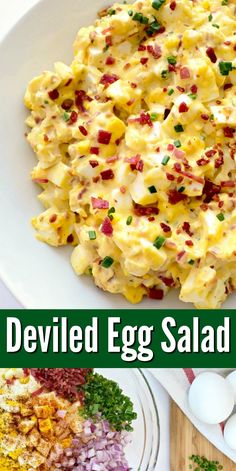 deviled egg salad on a white plate with green onions and red onion garnish