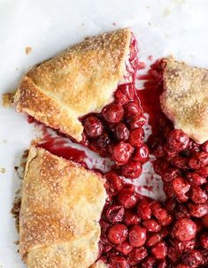 cranberry pie cut into four pieces on a white surface