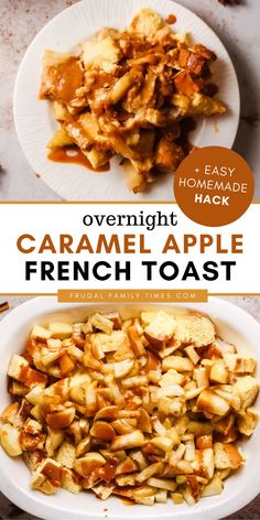 overnight caramel apple french toast on a white plate with the title overlay reads overnight caramel apple french toast