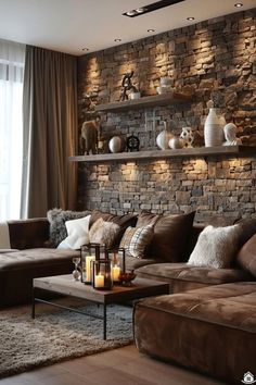 a living room filled with lots of furniture and walls covered in stone brick wallpaper