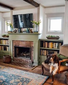 Cozy simple fireplace early American look with pup Visual Storytelling, Décor Diy, Living Room Inspo, More Than Words, Little Houses, Little House, House Inspo, Apartment Living