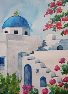 a painting of a building with blue dome and flowers