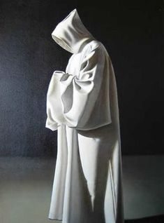 a painting of a woman in white with a hood on her head, standing against a black background