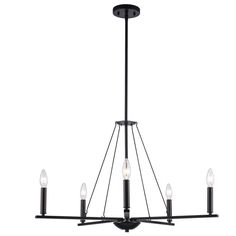 a black chandelier with five lights hanging from the ceiling and four candles on each end