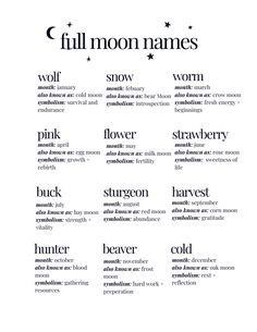 Full moon names and meanings. This page is apart of a moon magic cheat sheat with more information about lunar phases. Names Of Full Moons, Different Types Of Full Moons, Name With Meaning Moon, Synonyms For Moon, Moon Phases And Meanings Witchcraft, Moon Phase Meanings Witch, Moon Phases Magic, Full Moon Meaning Spiritual, Full Moons Of The Year