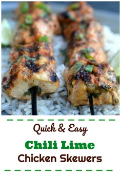 grilled chicken skewers with white rice and cilantro on the side